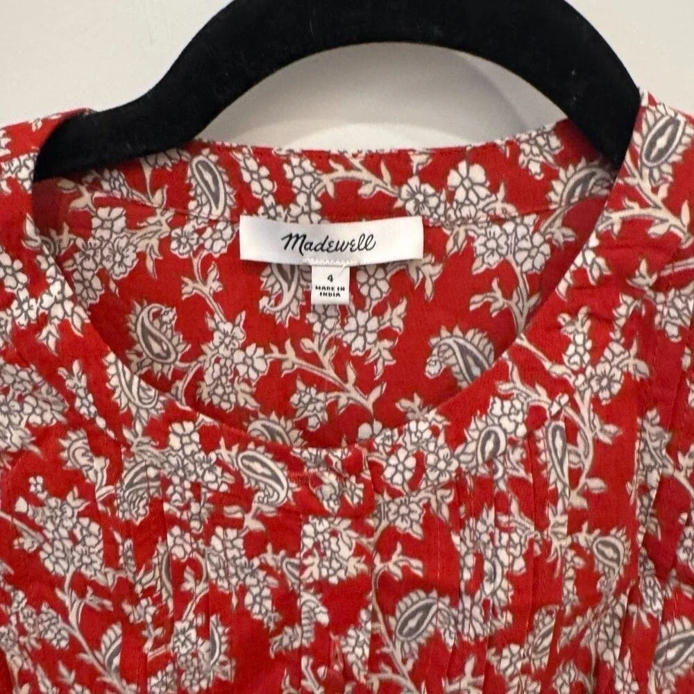 Madewell Red Paisley Floral Button Front Puff Sleeve Tiered Midi Dress 4 - Picture 7 of 11